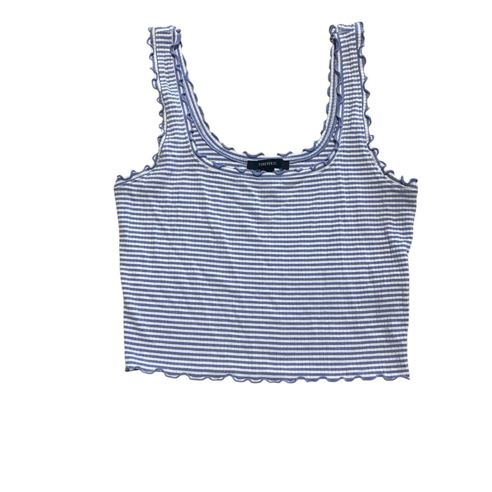 Forever 21 Crop Striped Tank Top w Ruffle Edging Large Blue and White